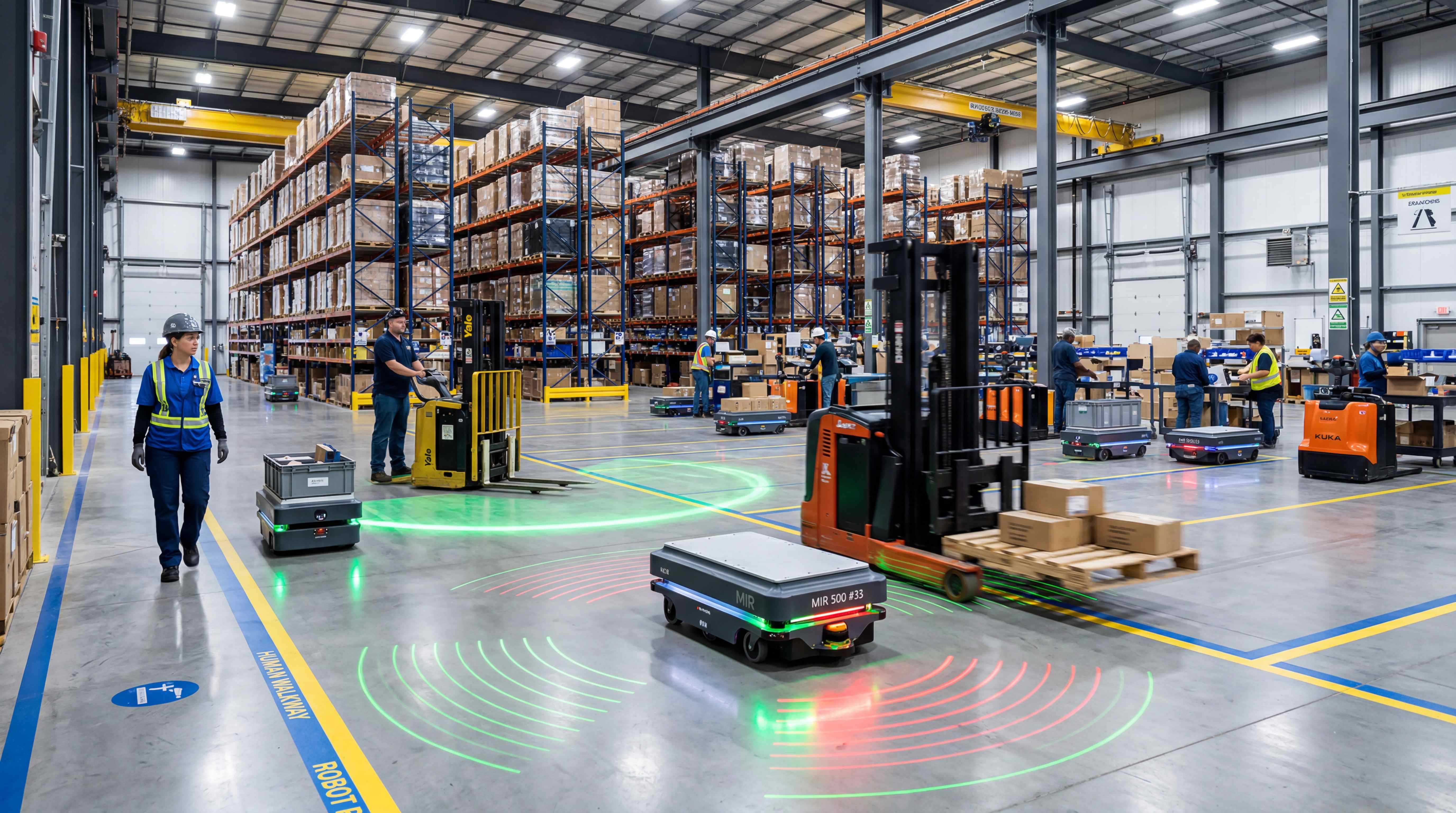 AGV and AMR mixed traffic area showing safety fields, forklifts and worker pathways for deployment validation